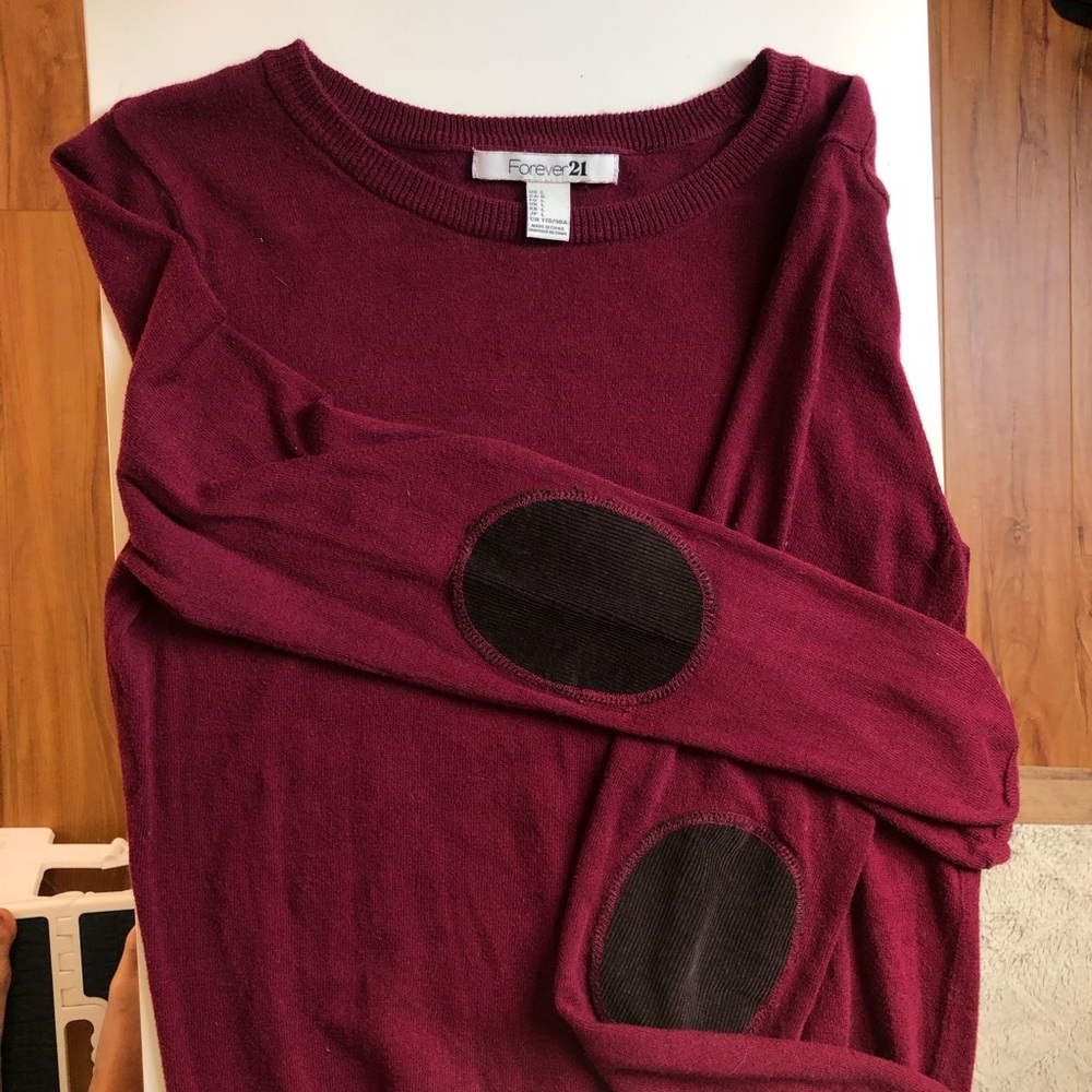 F21 Maroon Red Sweater with Corduroy Elbow Patch Size Large